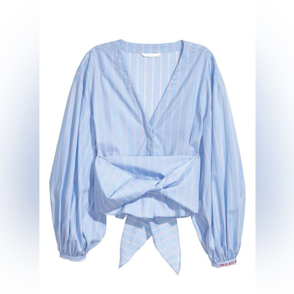 NWT H&M ~ Menswear Meets Girl-Power! Blue Oxford-Inspired Tie-Front Top ~ Size 8 - Picture 1 of 6